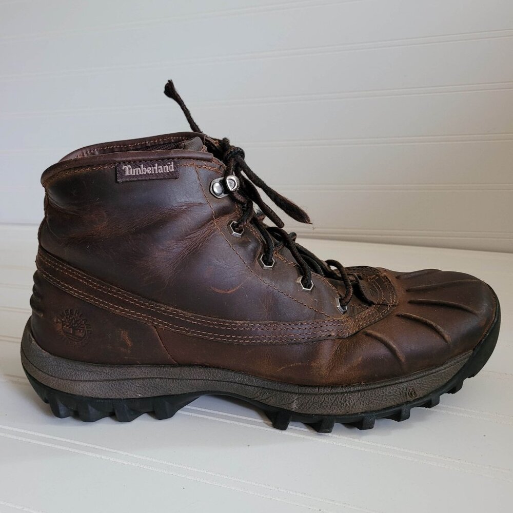 Timberland Boots Mens 9.5 Brown Leather Canard Mid Hiking Outdoors Distressed